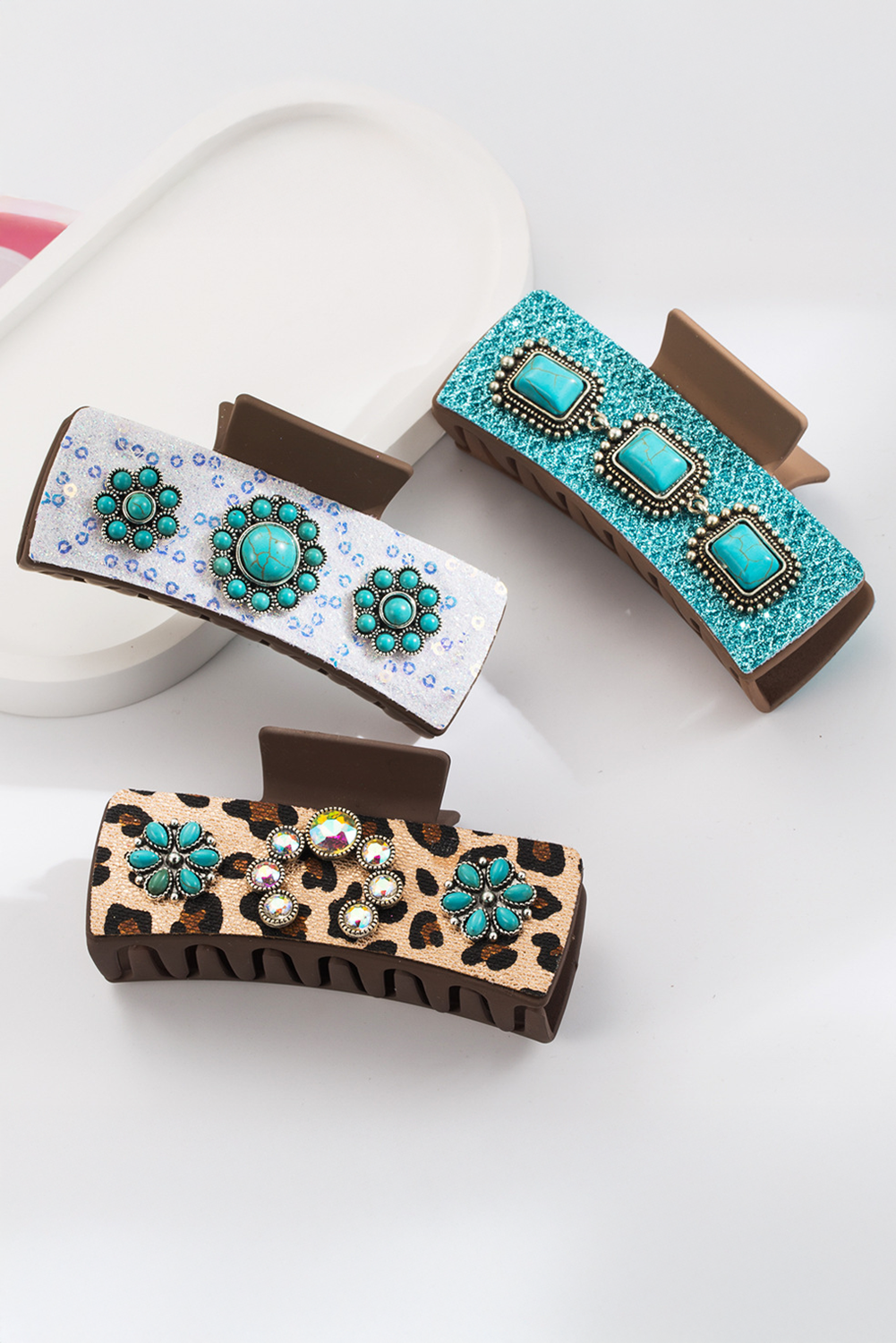 Western Leopard Print Gem Turquoise Detail Jaw Hair Clip