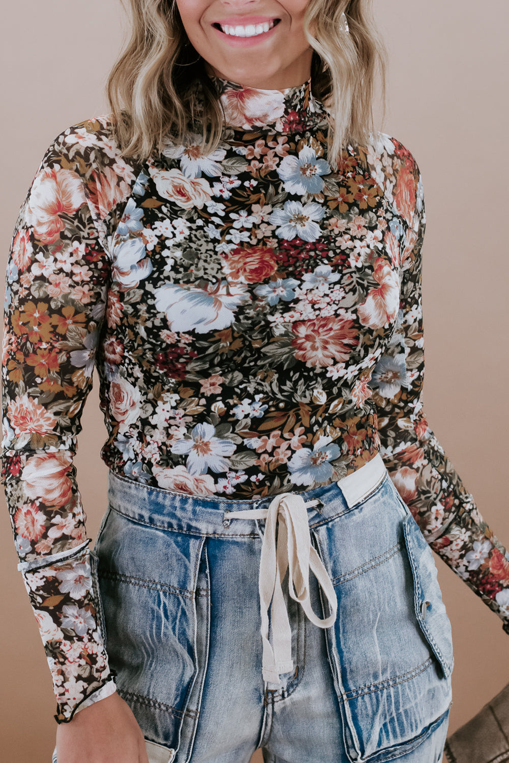 Brown Floral High Neck Sheath Long Sleeve Mesh Blouse