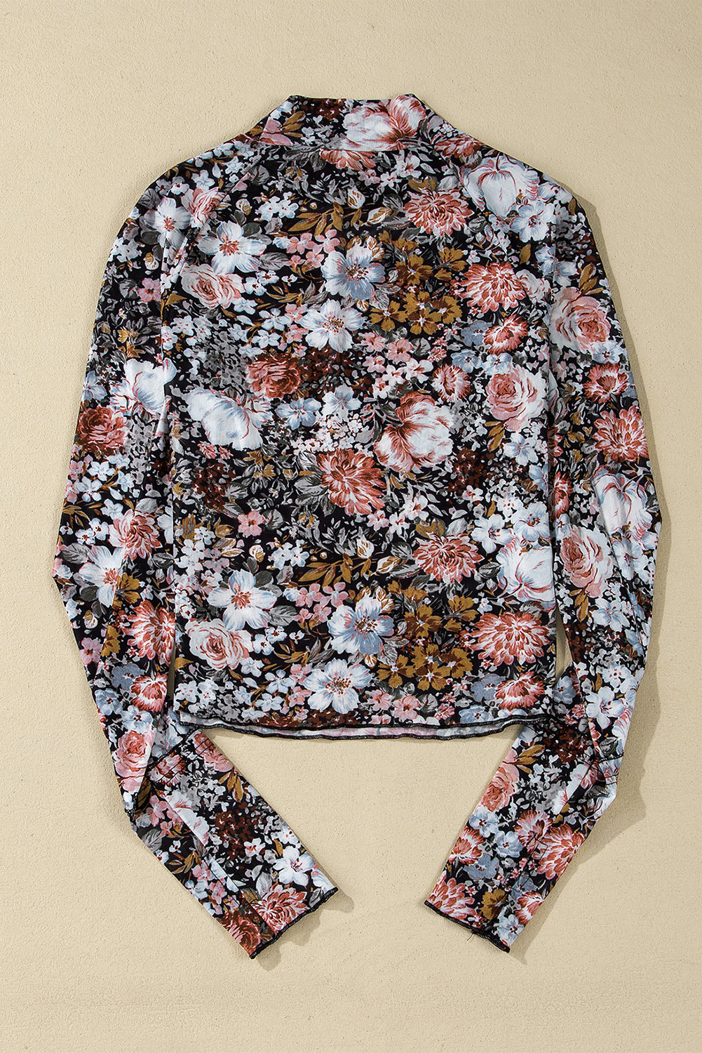 Brown Floral High Neck Sheath Long Sleeve Mesh Blouse