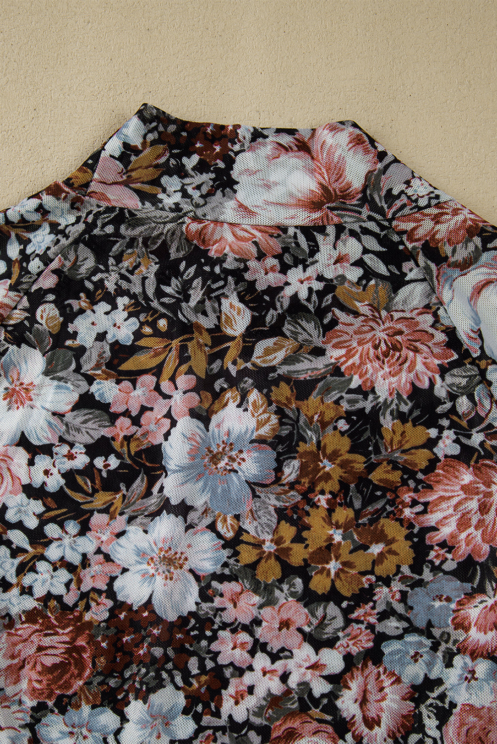 Brown Floral High Neck Sheath Long Sleeve Mesh Blouse