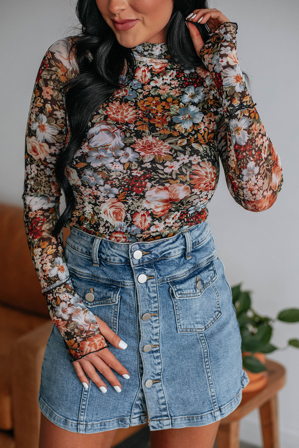 Brown Floral High Neck Sheath Long Sleeve Mesh Blouse