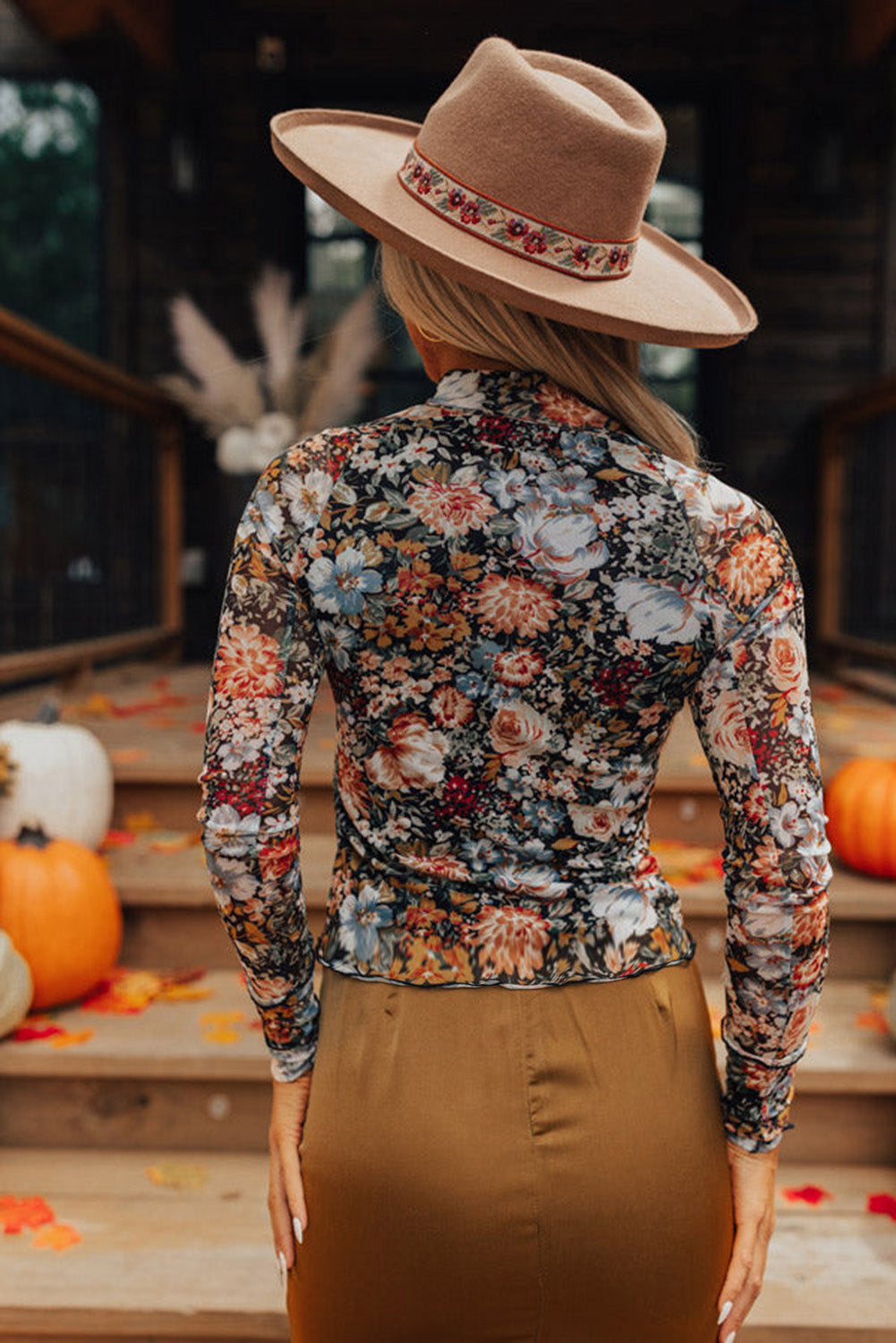 Brown Floral High Neck Sheath Long Sleeve Mesh Blouse