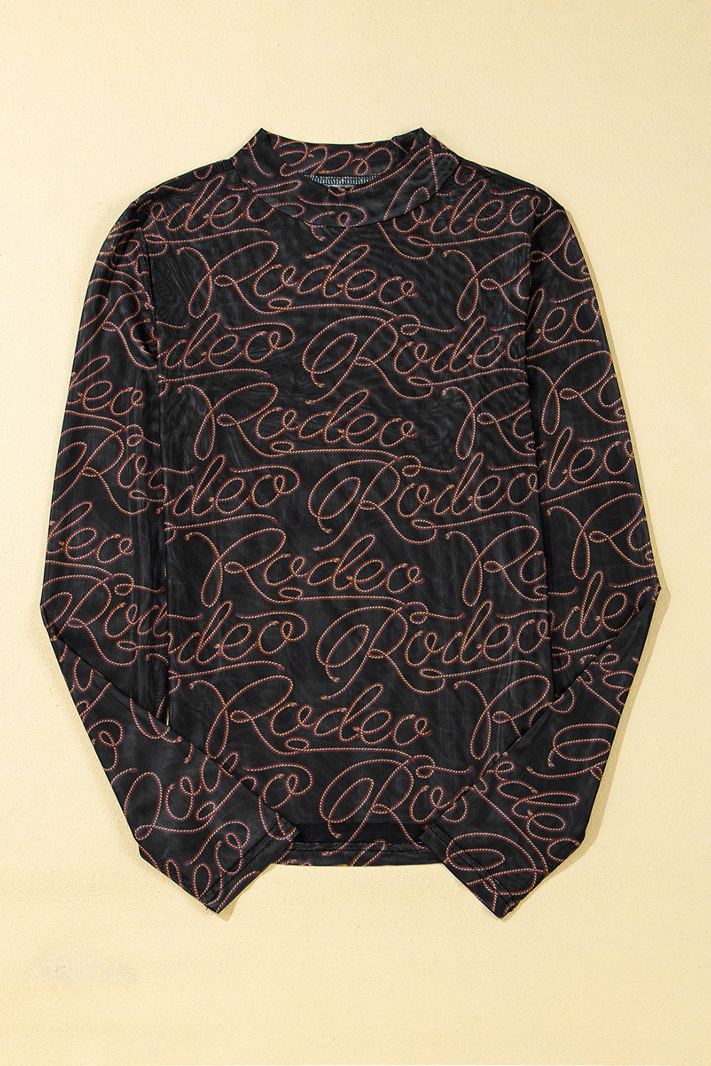 Western Rodeo Printed Mock Neck Long Sleeve Black Mesh Top
