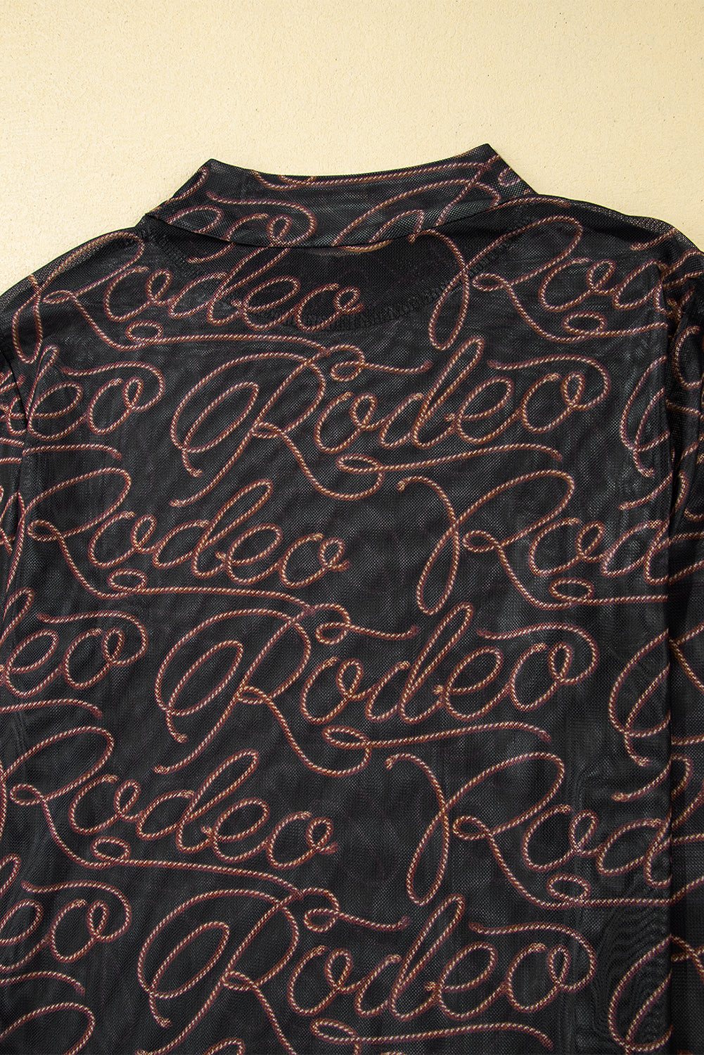 Western Rodeo Printed Mock Neck Long Sleeve Black Mesh Top