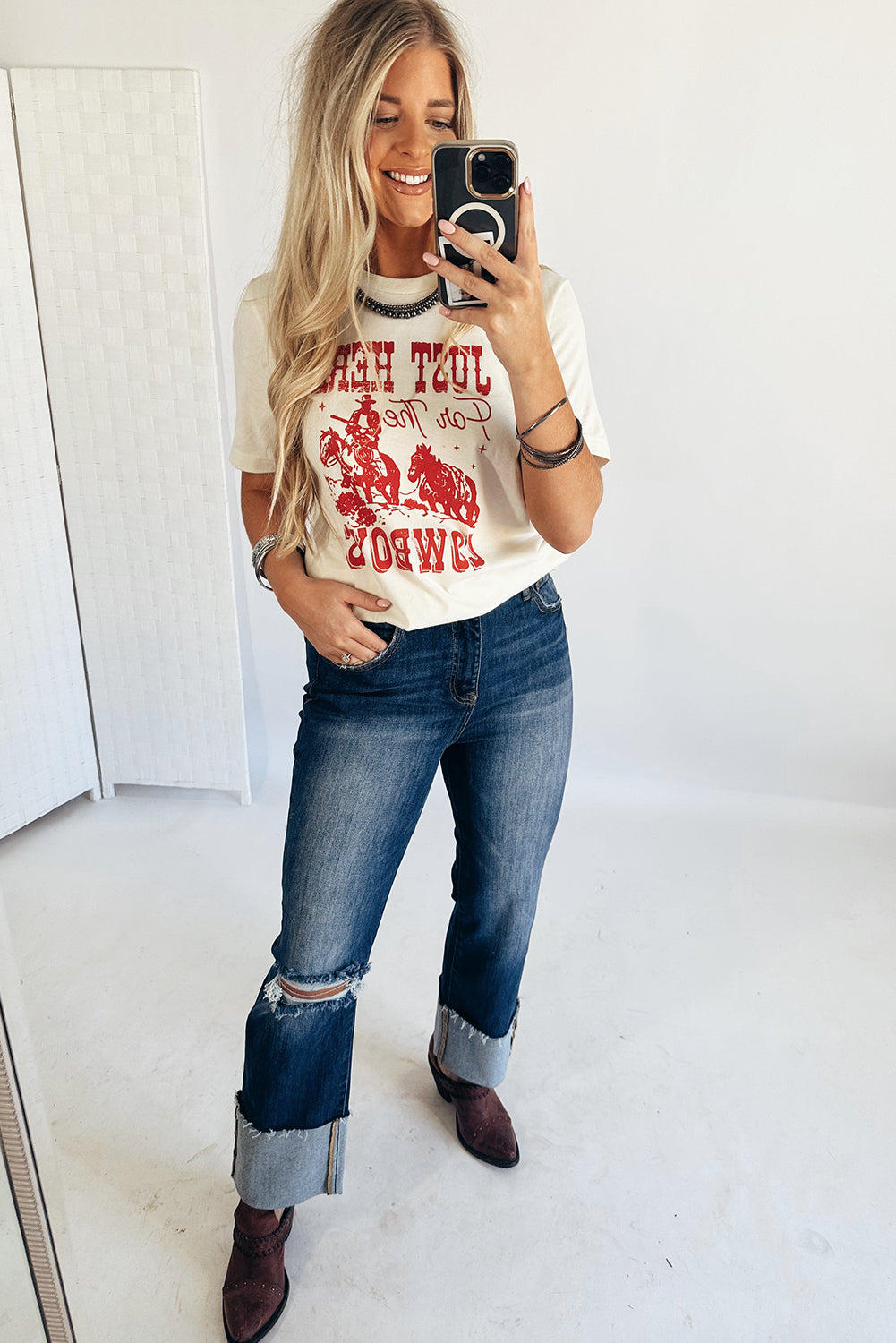 Just Here for the Cowboy White Cuffed Sleeve Crew Neck T Shirt