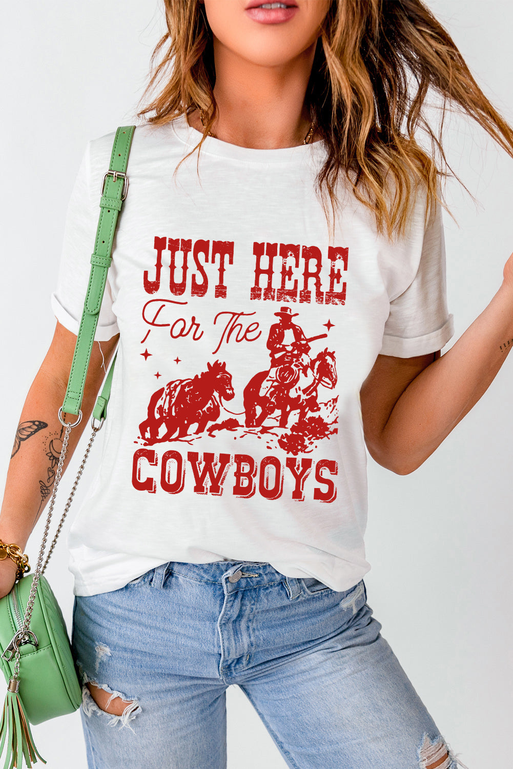 Just Here for the Cowboy White Cuffed Sleeve Crew Neck T Shirt