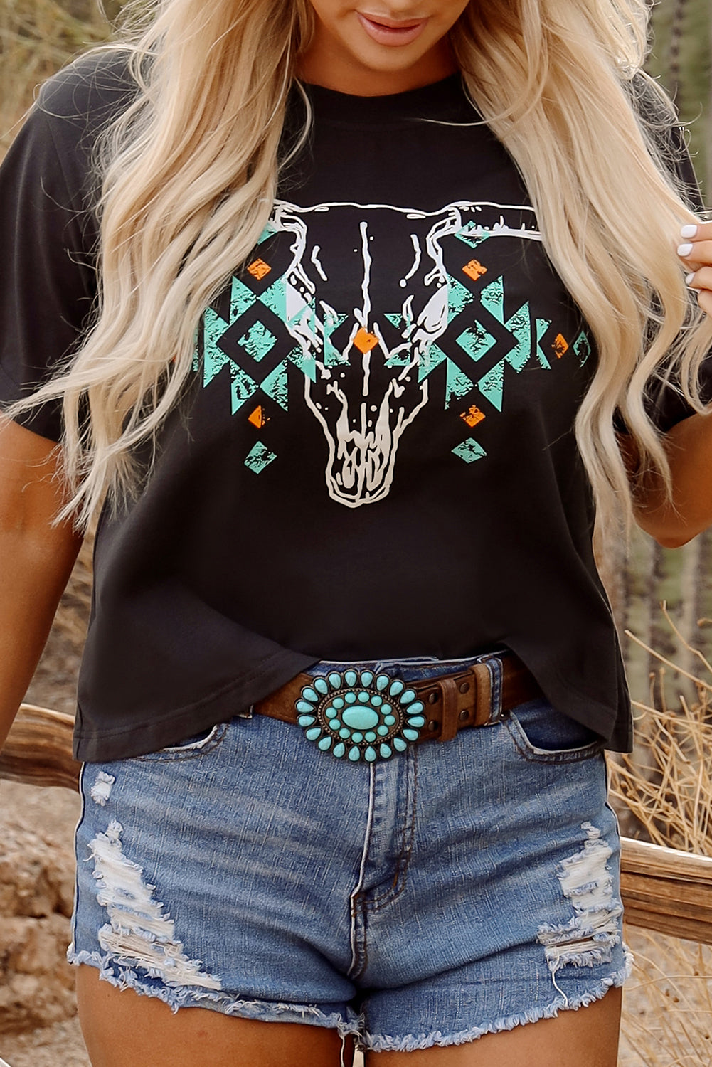 Vintage Western Bull Head Skull Turquoise Aztec Carbon Grey Graphic T Shirt