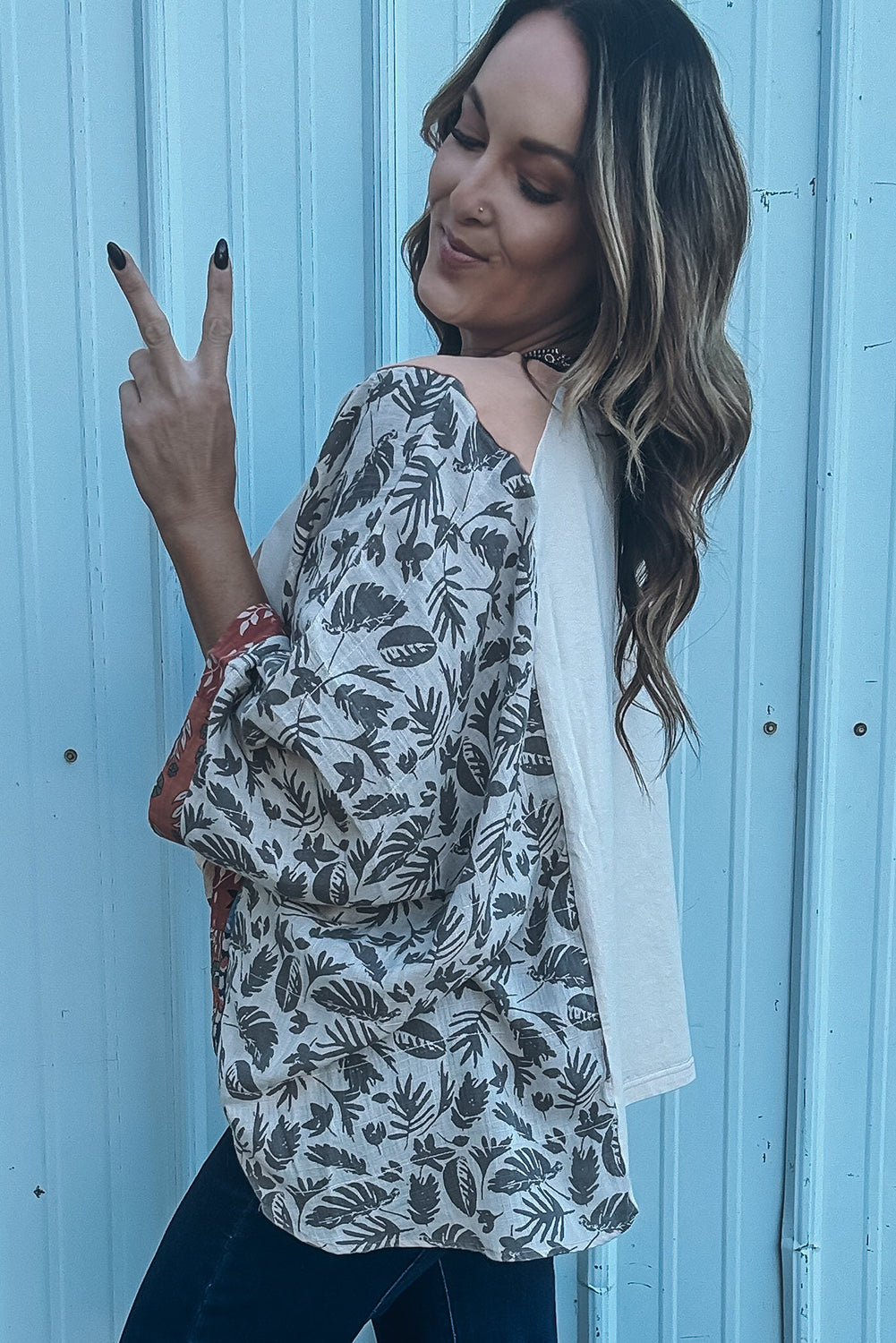 Patchwork Sleeve Peace Desert Multicolour Asymmetric Printed Graphic Top