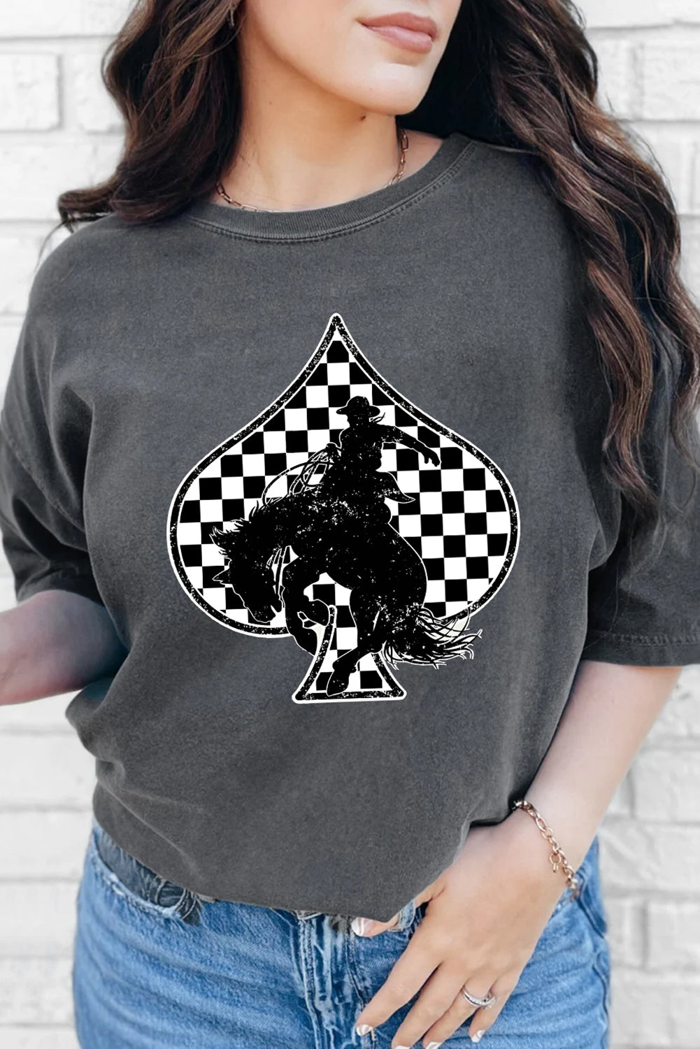 Gray Rodeo Checkered Spades Western Graphic T Shirt