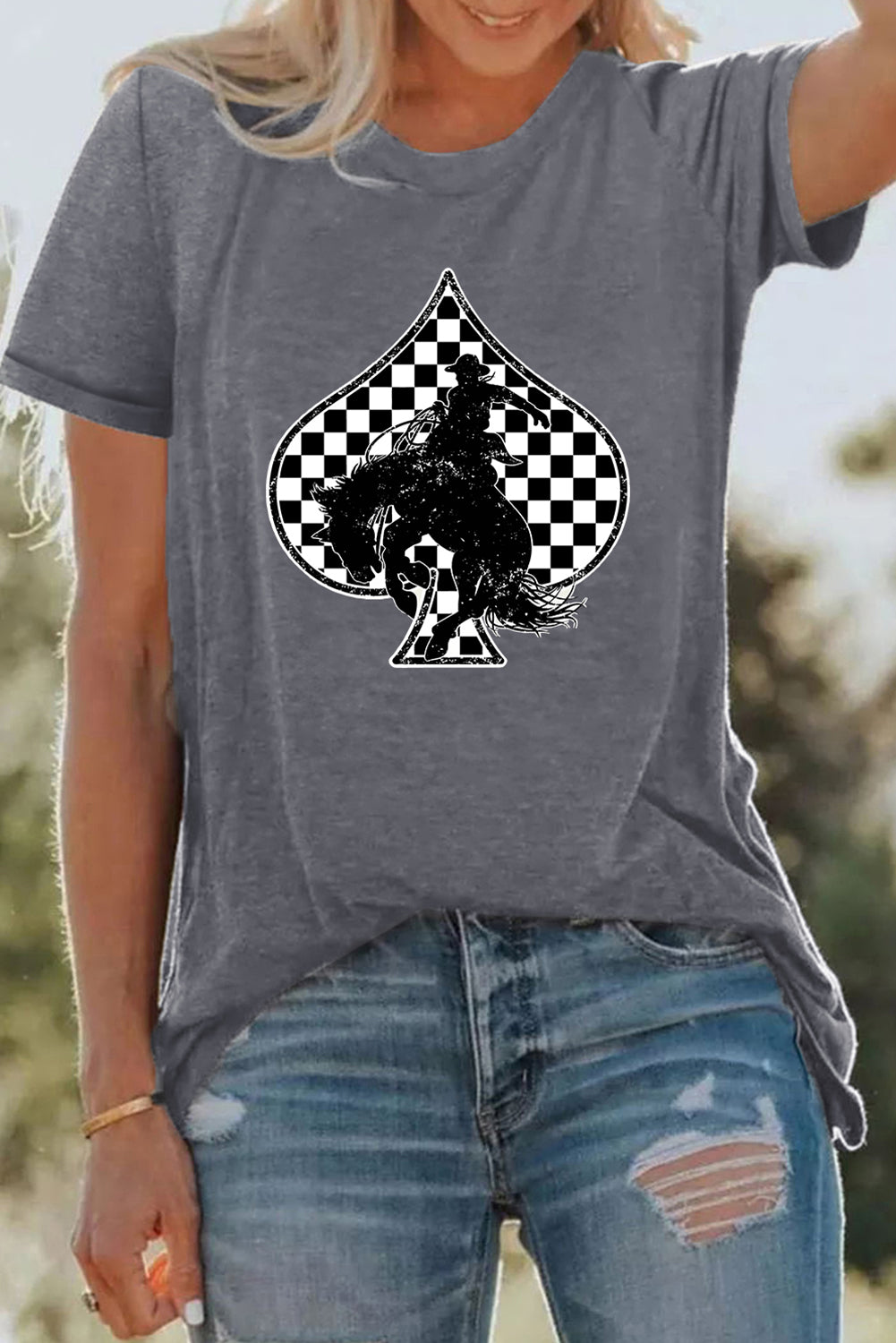 Gray Rodeo Checkered Spades Western Graphic T Shirt