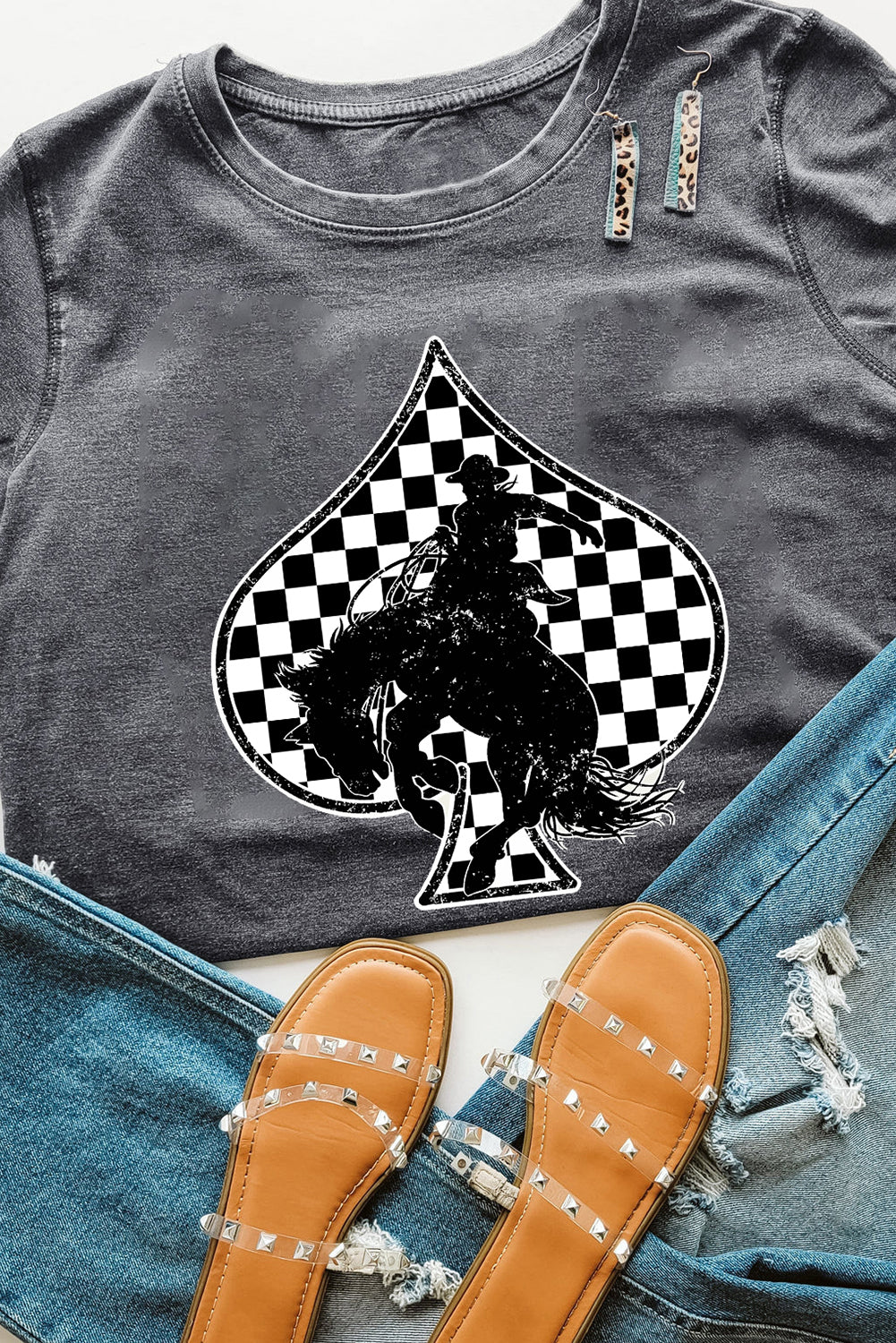 Gray Rodeo Checkered Spades Western Graphic T Shirt