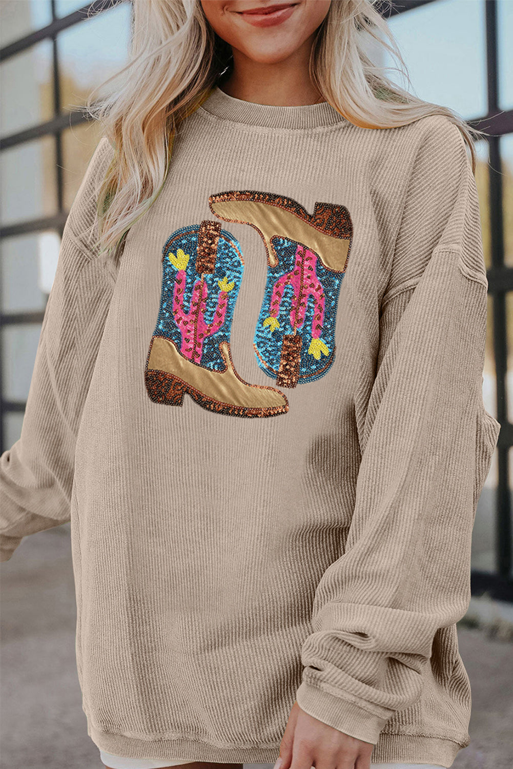 Western Sequined Cowboy Boots Graphic Corded Gray Sweatshirt