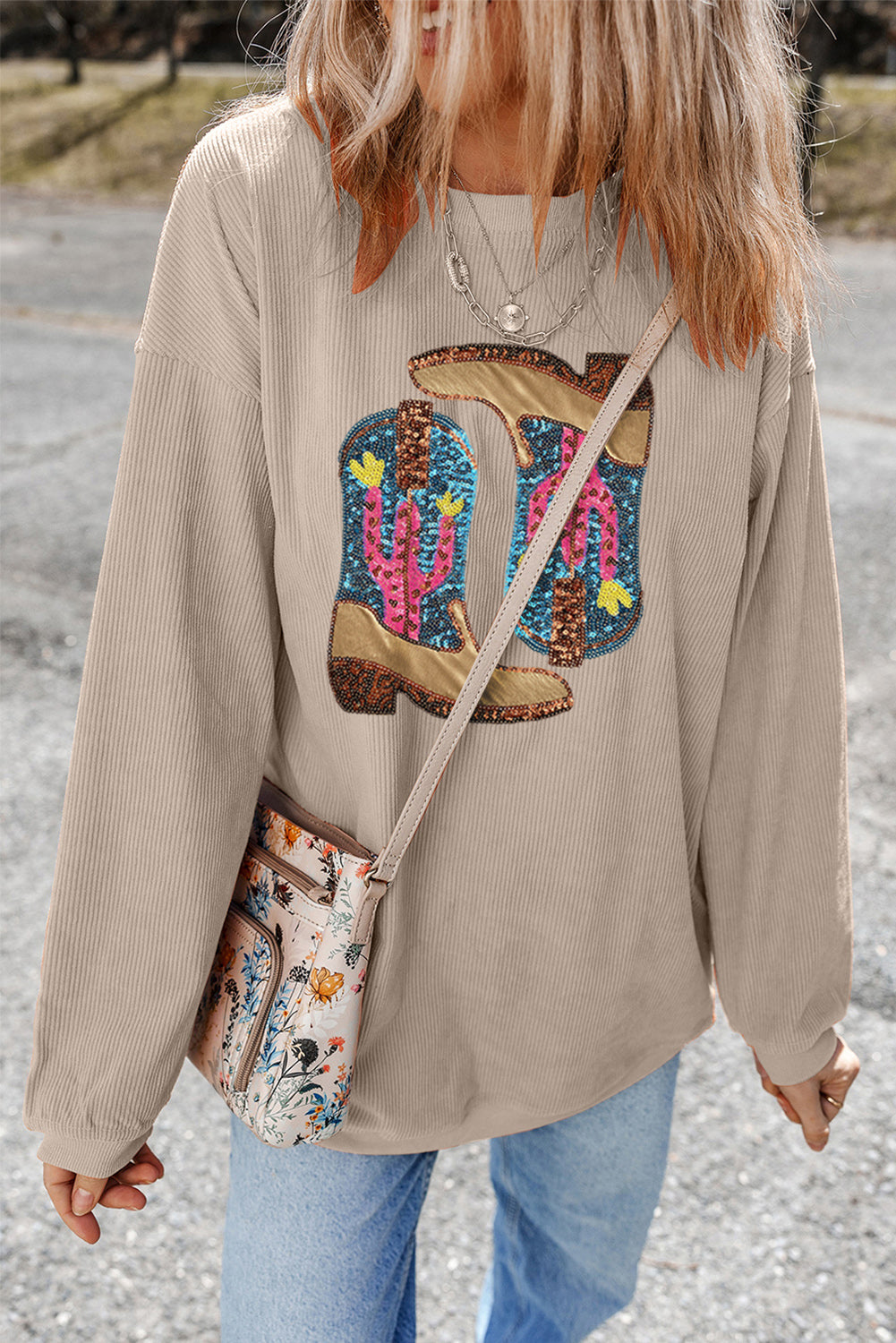 Western Sequined Cowboy Boots Graphic Corded Gray Sweatshirt