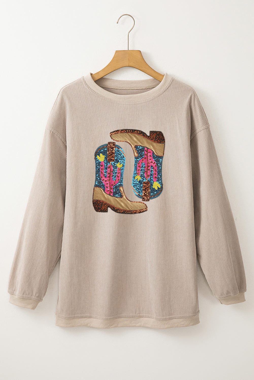 Western Sequined Cowboy Boots Graphic Corded Gray Sweatshirt