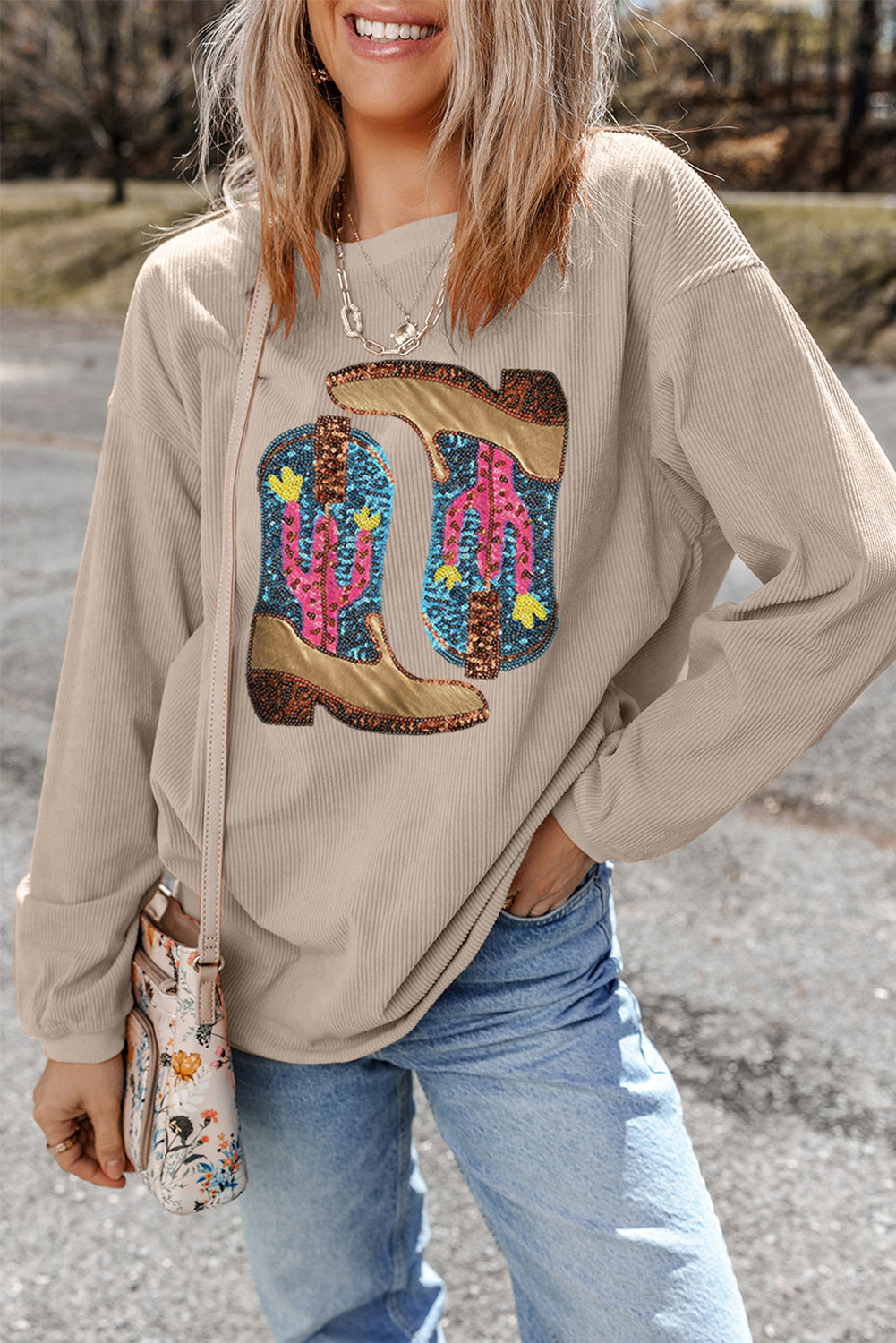 Western Sequined Cowboy Boots Graphic Corded Gray Sweatshirt