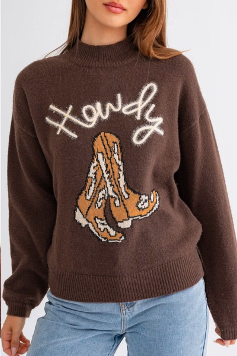 Howdy Western Boot Graphic High Neck Sweater Coffee Brown