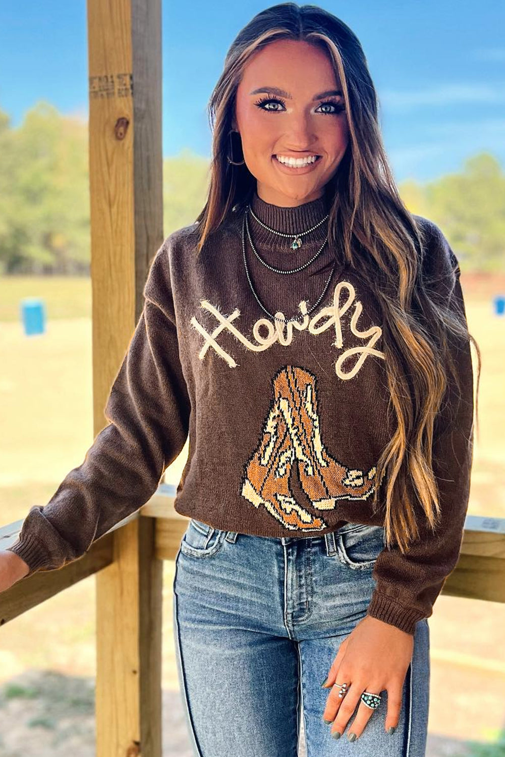 Howdy Western Boot Graphic High Neck Sweater Coffee Brown