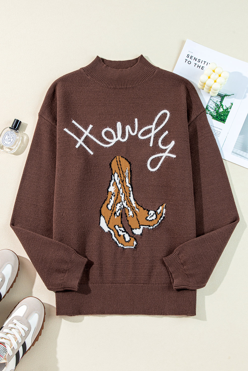 Howdy Western Boot Graphic High Neck Sweater Coffee Brown