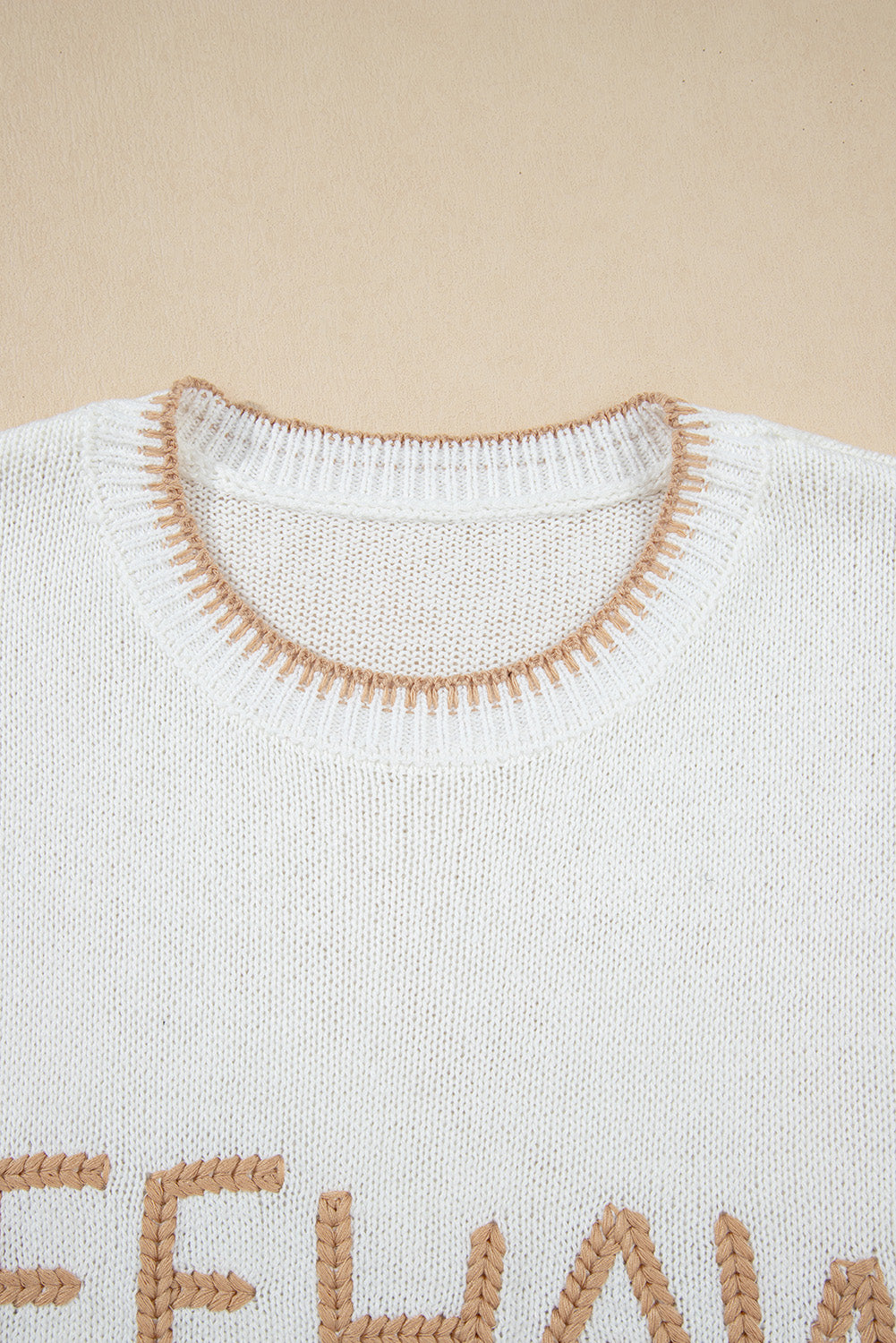YEEHAW White Knitted Stitch Edge Crew Neck Sweater
