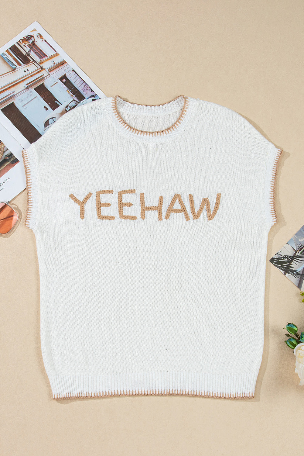YEEHAW White Knitted Stitch Edge Crew Neck Sweater