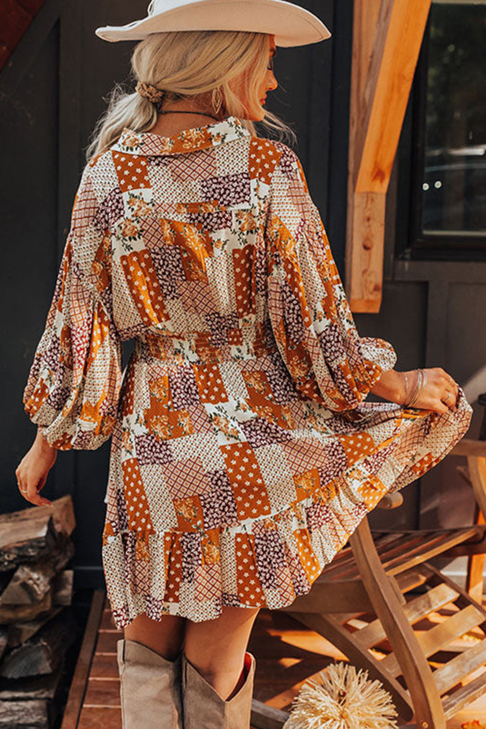 Boho Orange Floral Puff Sleeve Smocked Waist Mini Shirt Dress