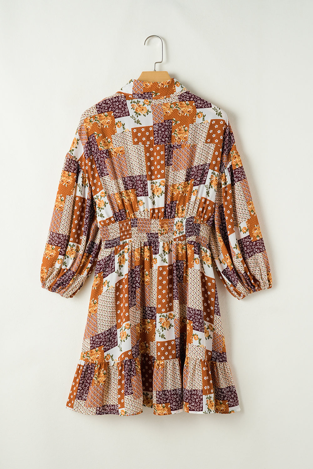 Boho Orange Floral Puff Sleeve Smocked Waist Mini Shirt Dress