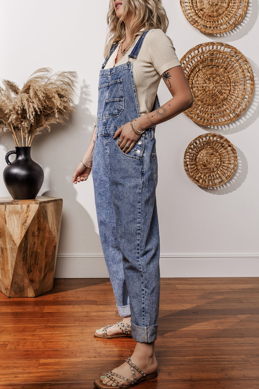 Blue Denim Bib Straight Leg Jumpsuit with Pockets