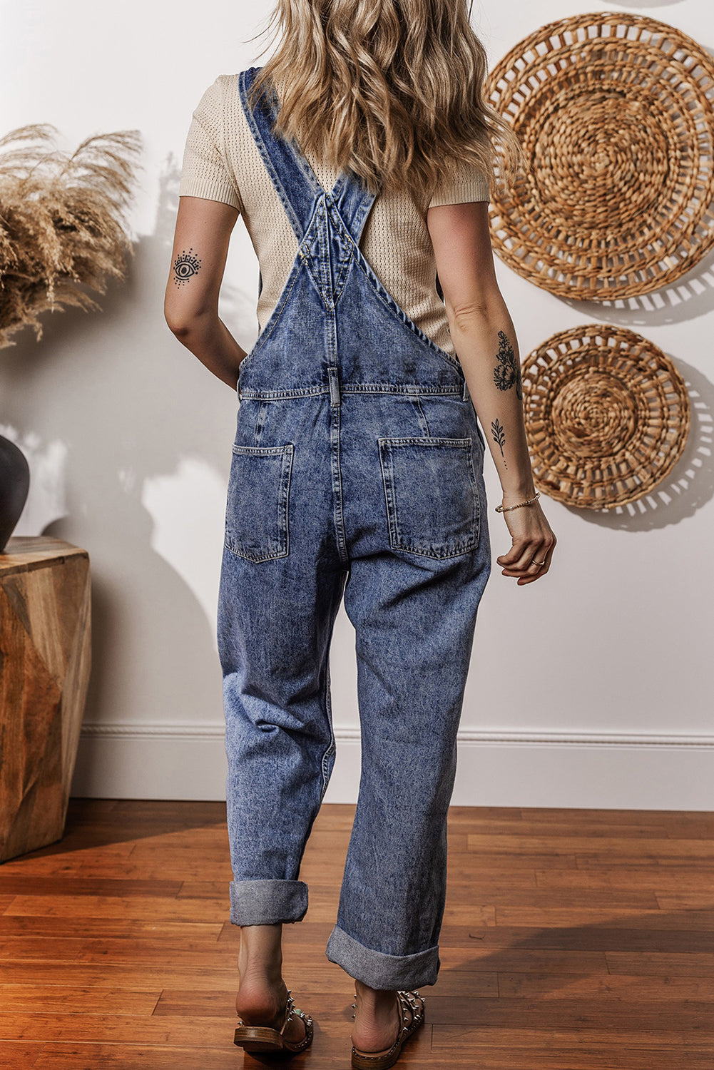 Blue Denim Bib Straight Leg Jumpsuit with Pockets