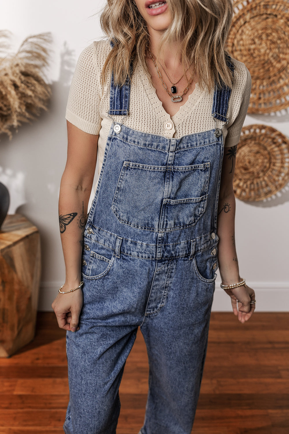 Blue Denim Bib Straight Leg Jumpsuit with Pockets