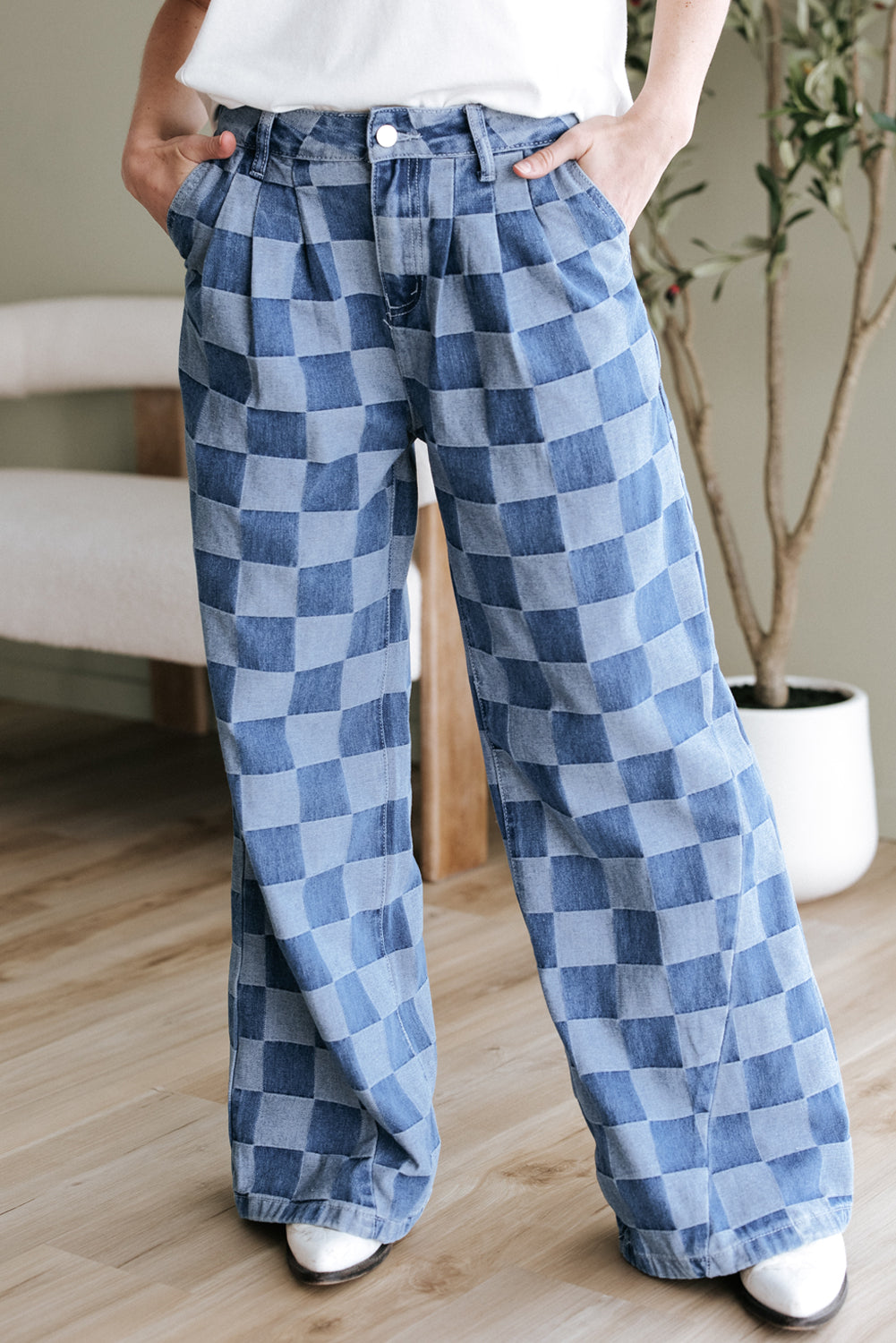 Checkered Denim Wide Leg Jeans Blue or Black