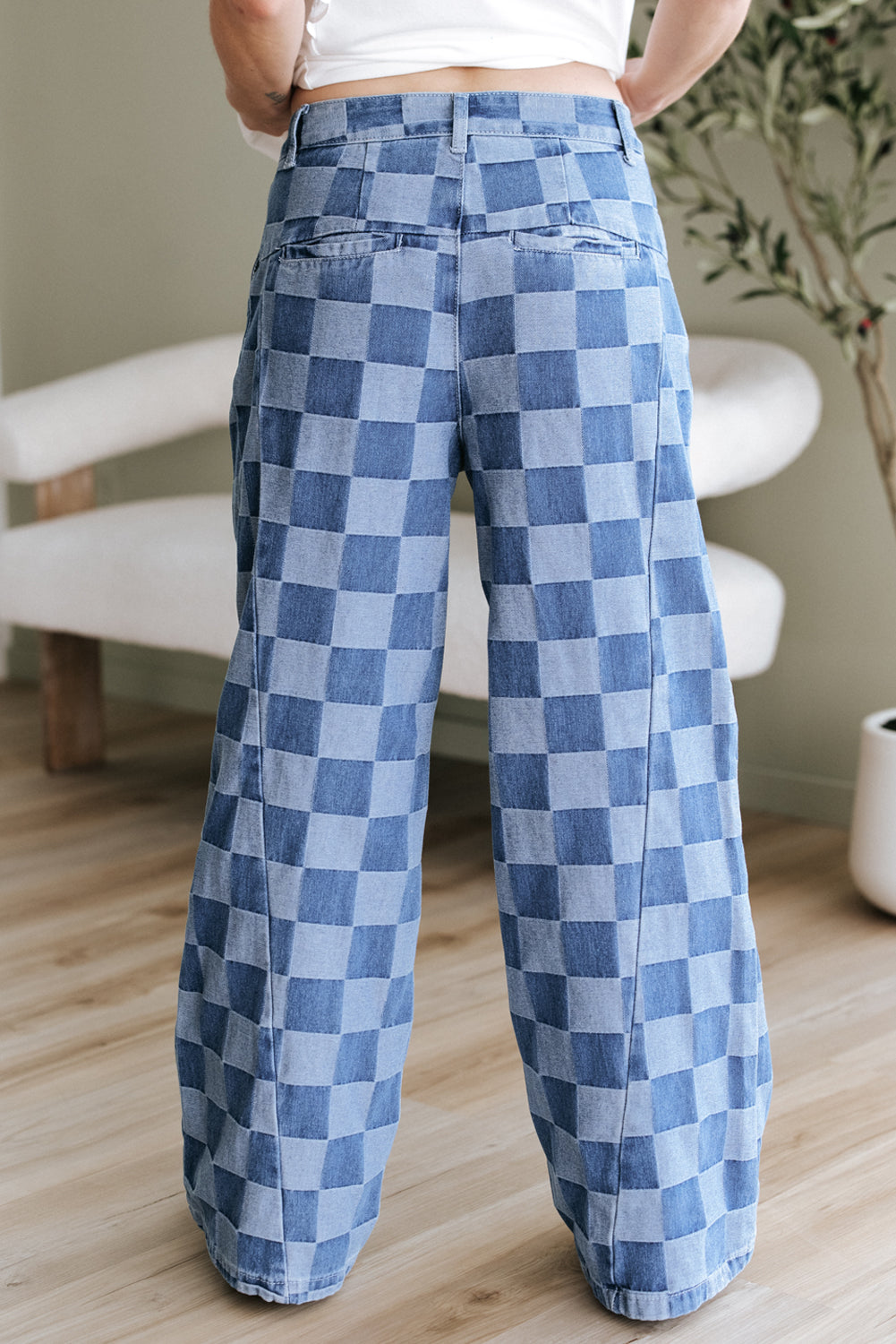 Checkered Denim Wide Leg Jeans Blue or Black