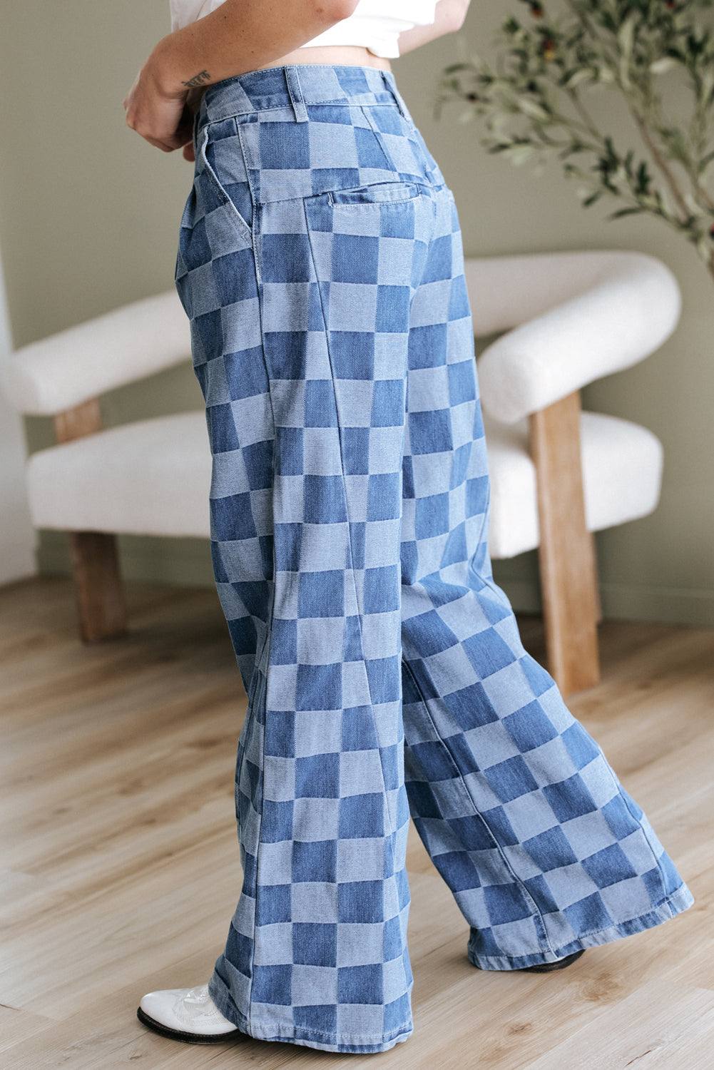 Checkered Denim Wide Leg Jeans Blue or Black