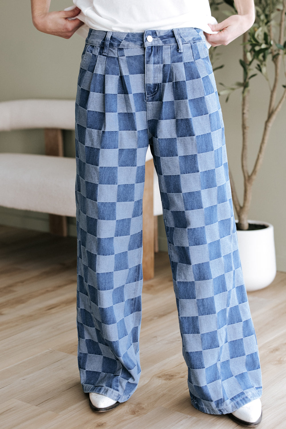 Checkered Denim Wide Leg Jeans Blue or Black