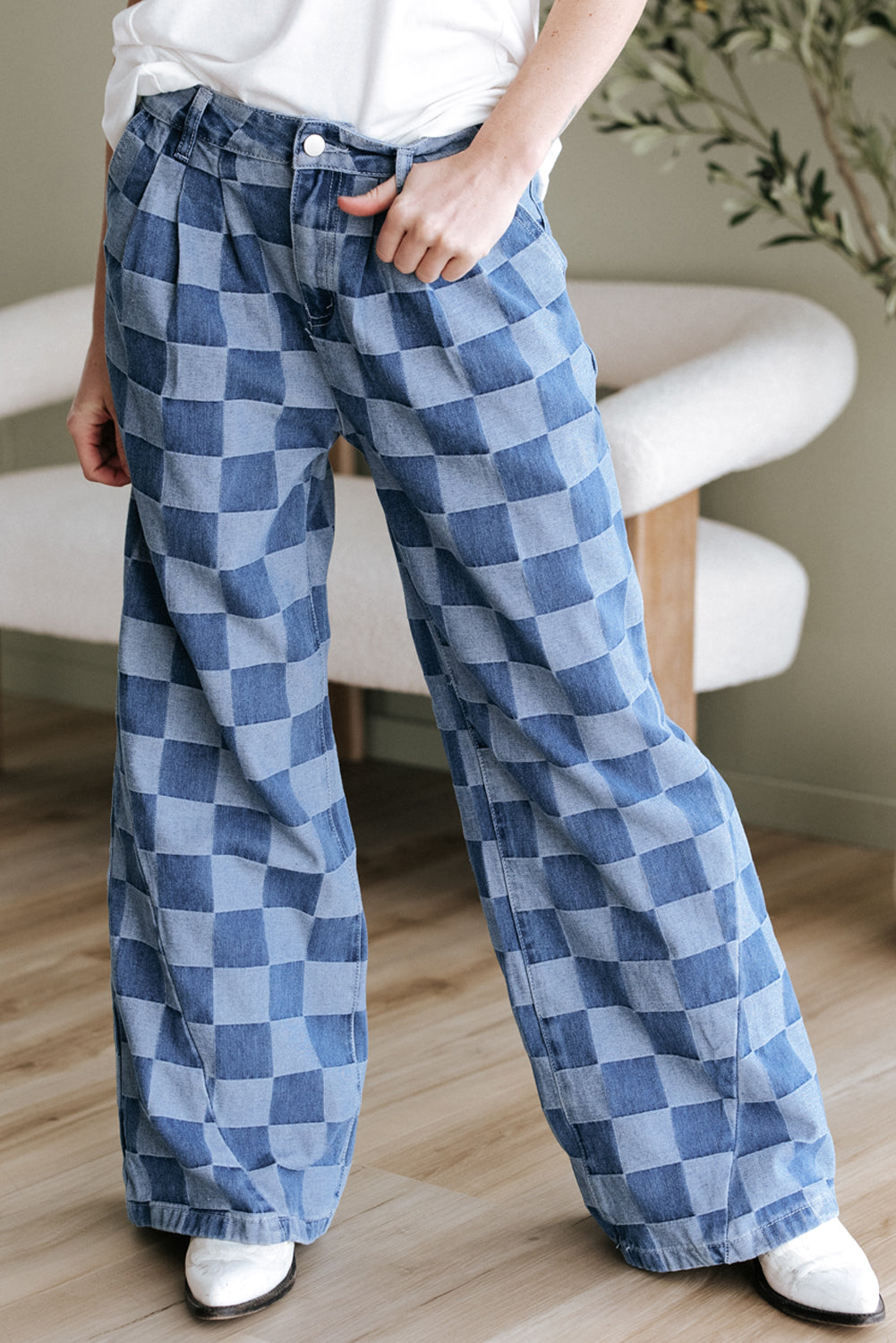 Checkered Denim Wide Leg Jeans Blue or Black