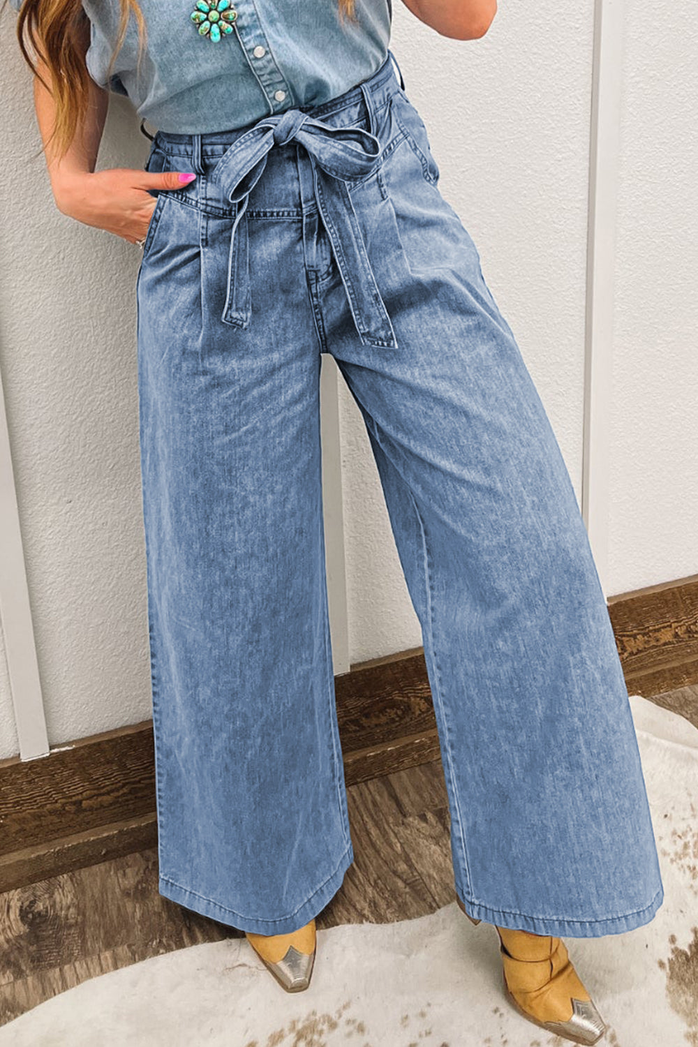Bow Knot Sash Wide Leg Beau Blue Western Washed Jeans