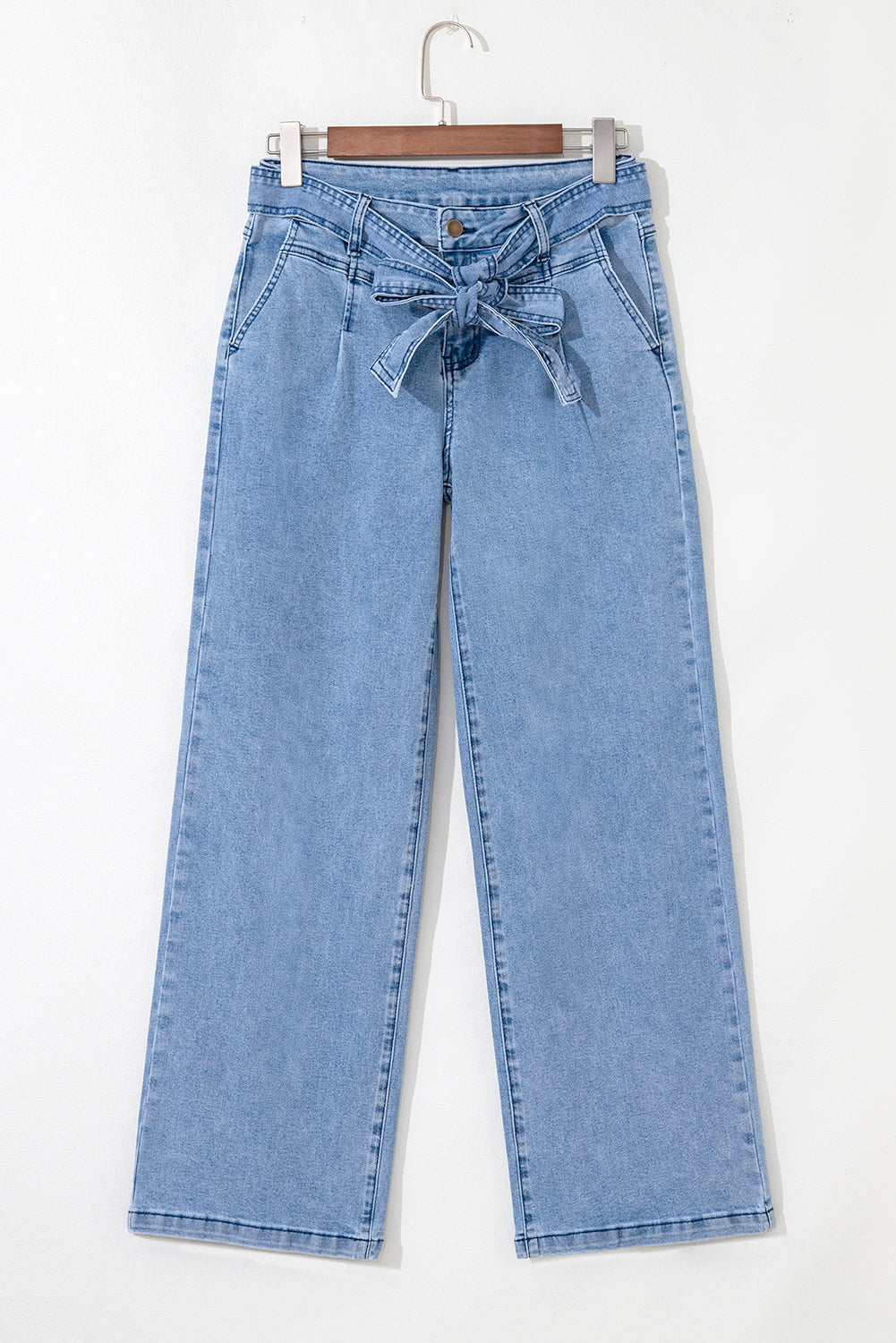 Bow Knot Sash Wide Leg Beau Blue Western Washed Jeans