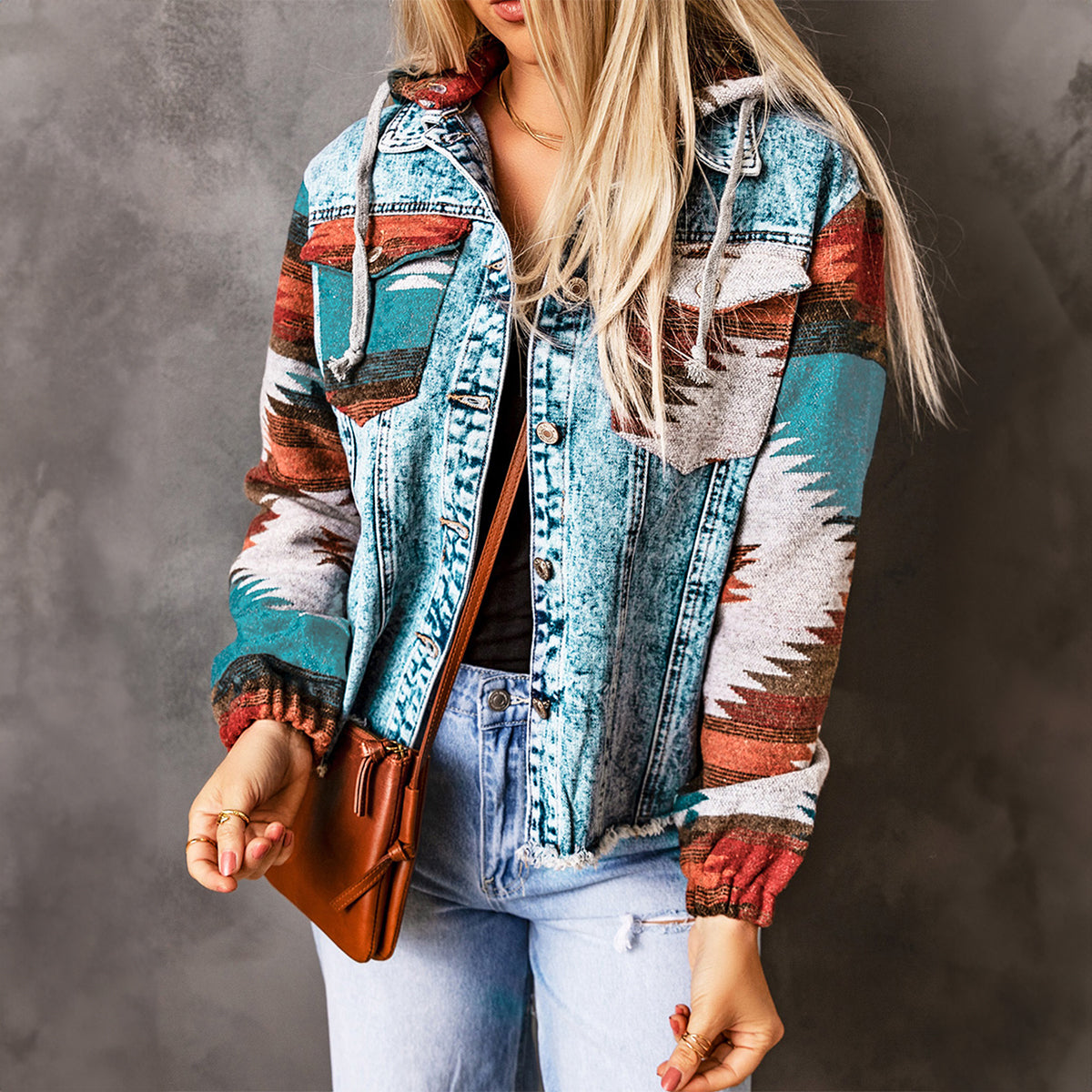 Aztec Print Frayed Hem Denim Jacket