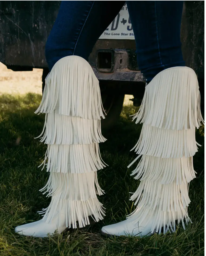 Frosted White Fringe Boots Cowgirl Style Festival Boots Country Western