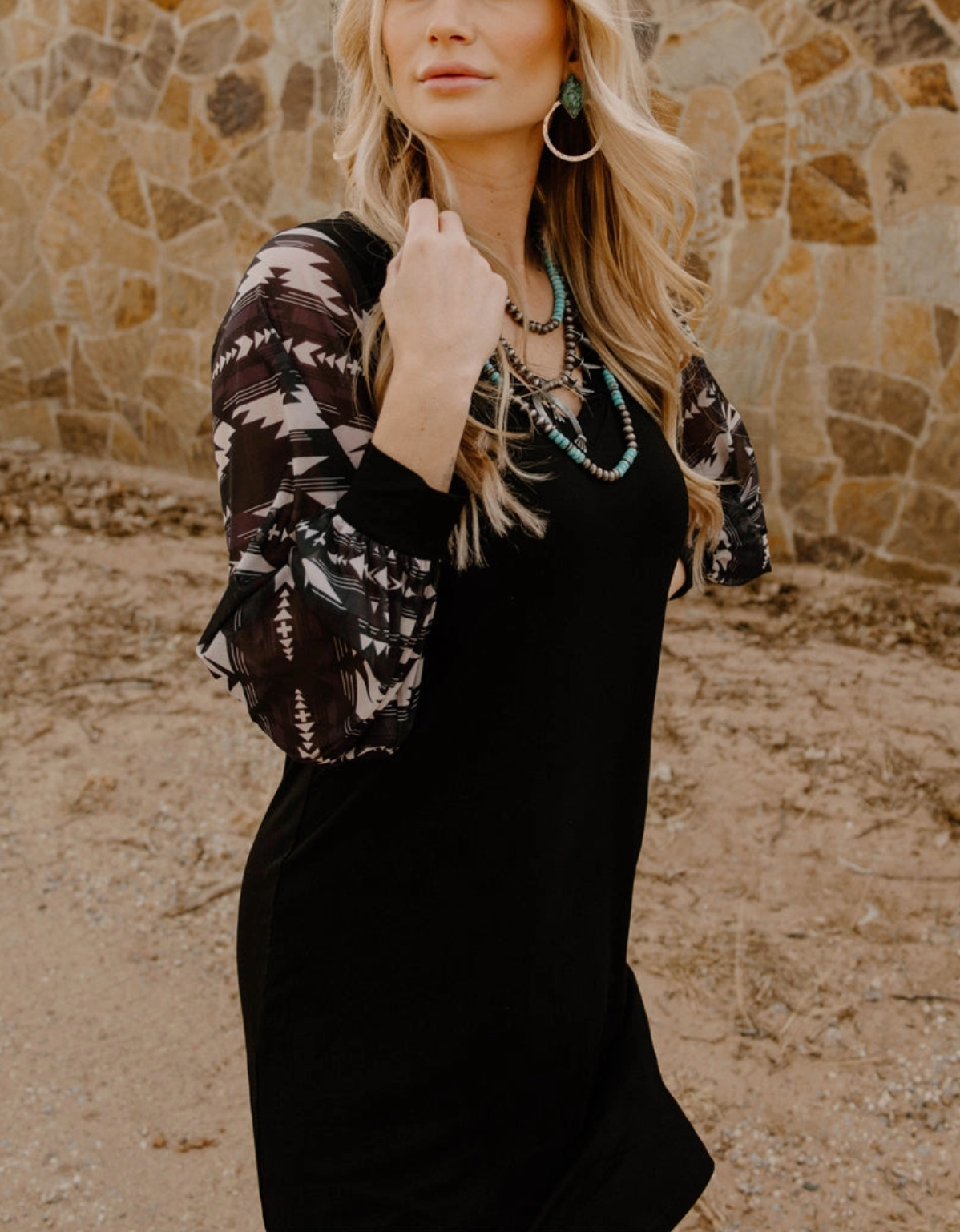 Little Black Dress - Aztech Mesh Bubble Sleeve Print