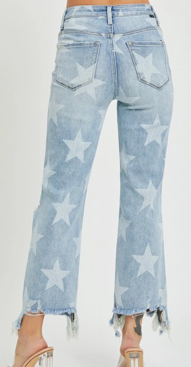 Star Print High Rise Jeans | Risen Distressed Straight Leg Denim Western Style