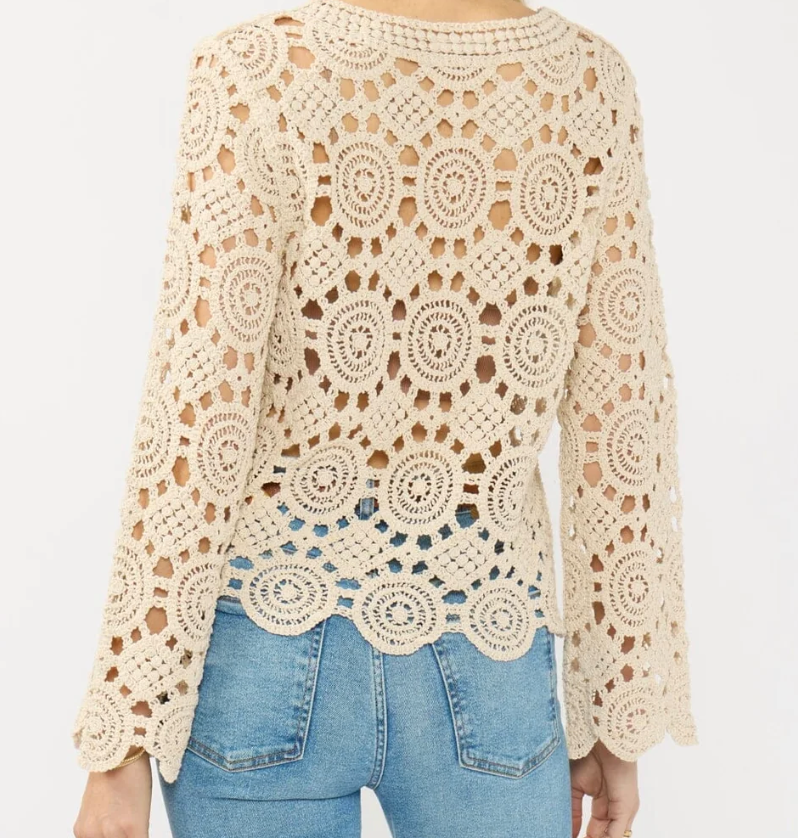Ivory Crochet Top | Lovestitch Emmy Boho Knit Top, Long Sleeve Lace Blouse