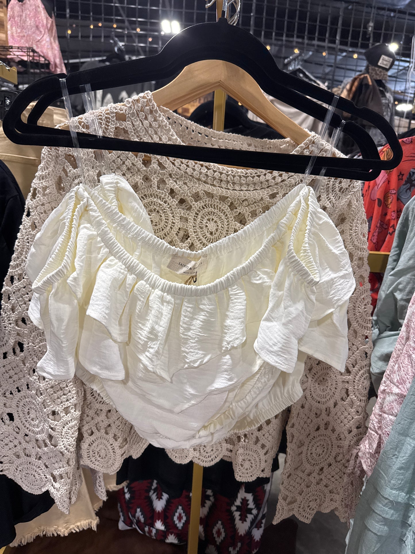Off Shoulder Ruffle Top | Lace Trim Boho Blouse Cream or Berry
