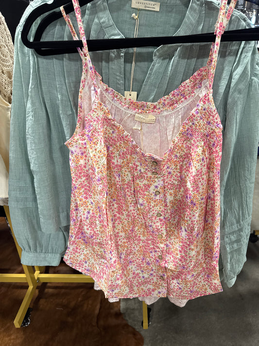 Floral Button Front Camisole | Lovestitch Spaghetti Strap Boho Tank Top