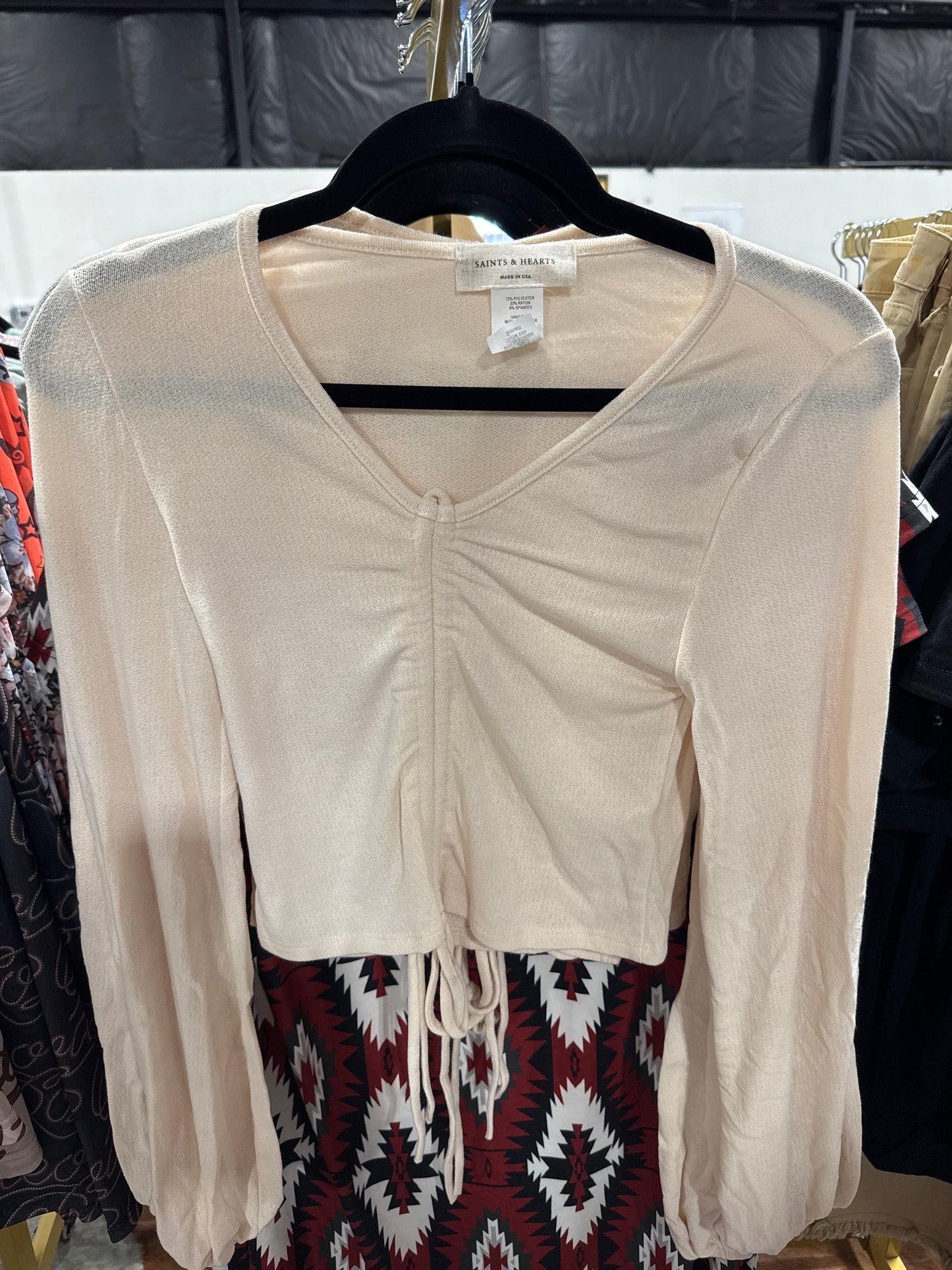 Ivory Ruched Front Knit Top | Cream Long Sleeve Fitted Blouse Women