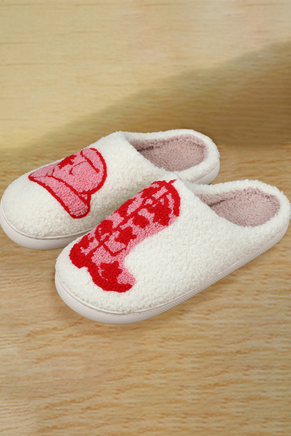 White Sherpa Red Western Graphic Embroidered Home Slippers