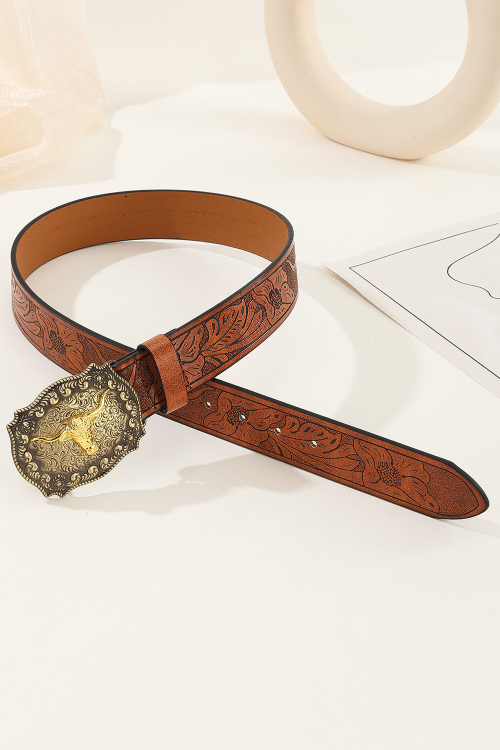 Brown Western Longhorn Large Bull Buckle Cowgirl Belt - One Size