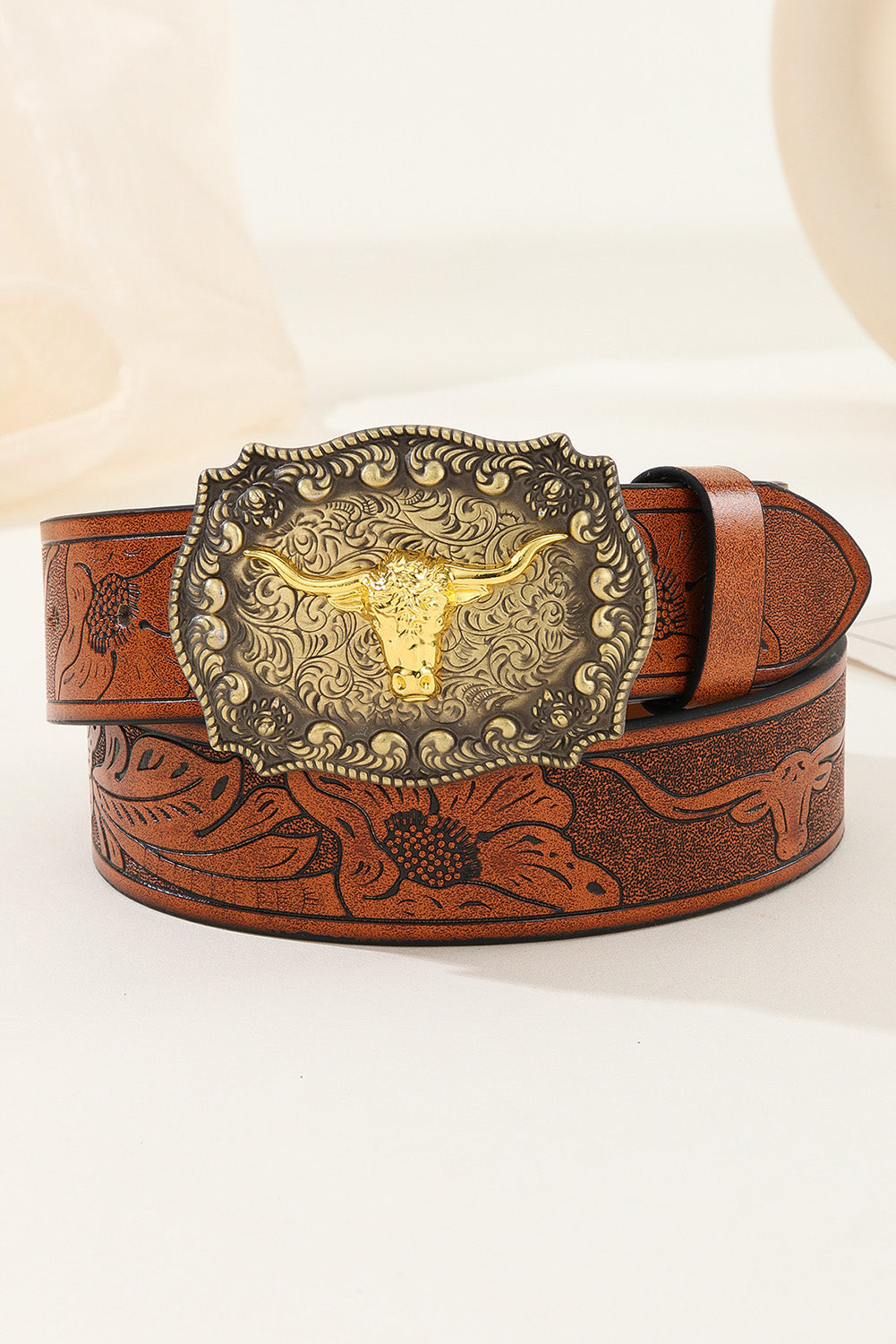 Brown Western Longhorn Large Bull Buckle Cowgirl Belt - One Size
