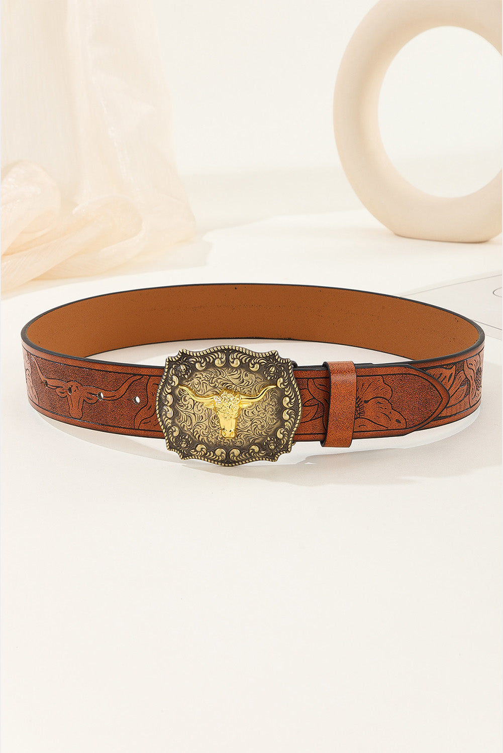 Brown Western Longhorn Large Bull Buckle Cowgirl Belt - One Size
