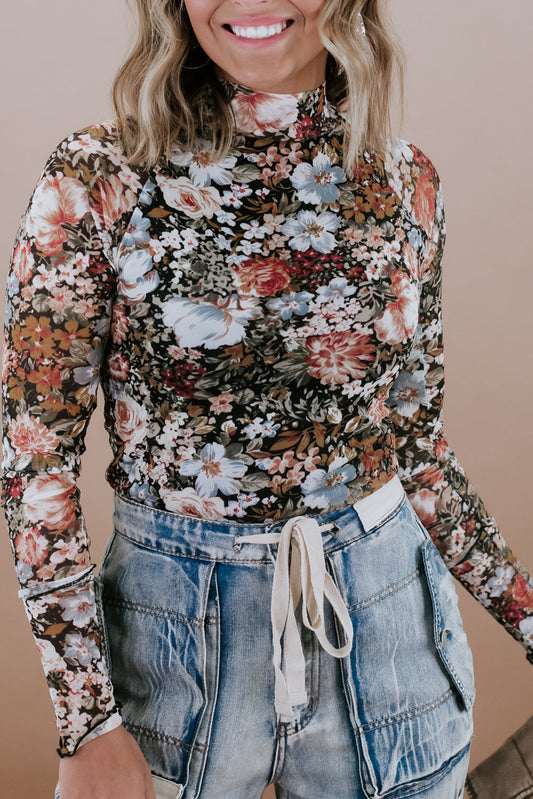 Brown Floral High Neck Sheath Long Sleeve Mesh Blouse