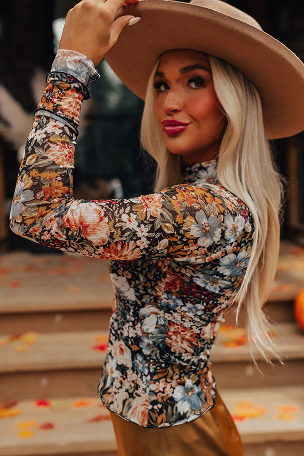 Brown Floral High Neck Sheath Long Sleeve Mesh Blouse